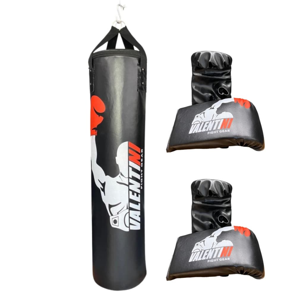 Saco de Pancada VALENTINI 120 cm - Treino Boxe Muay Thai  - Alta Resistencia + 2 Luva Bate Saco Preta