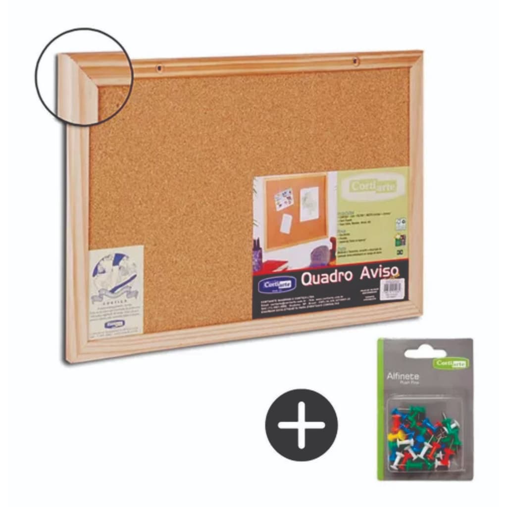 Quadro Mural Aviso de Cortiça 60x45cm Moldura Madeira + 30 Alfinetes