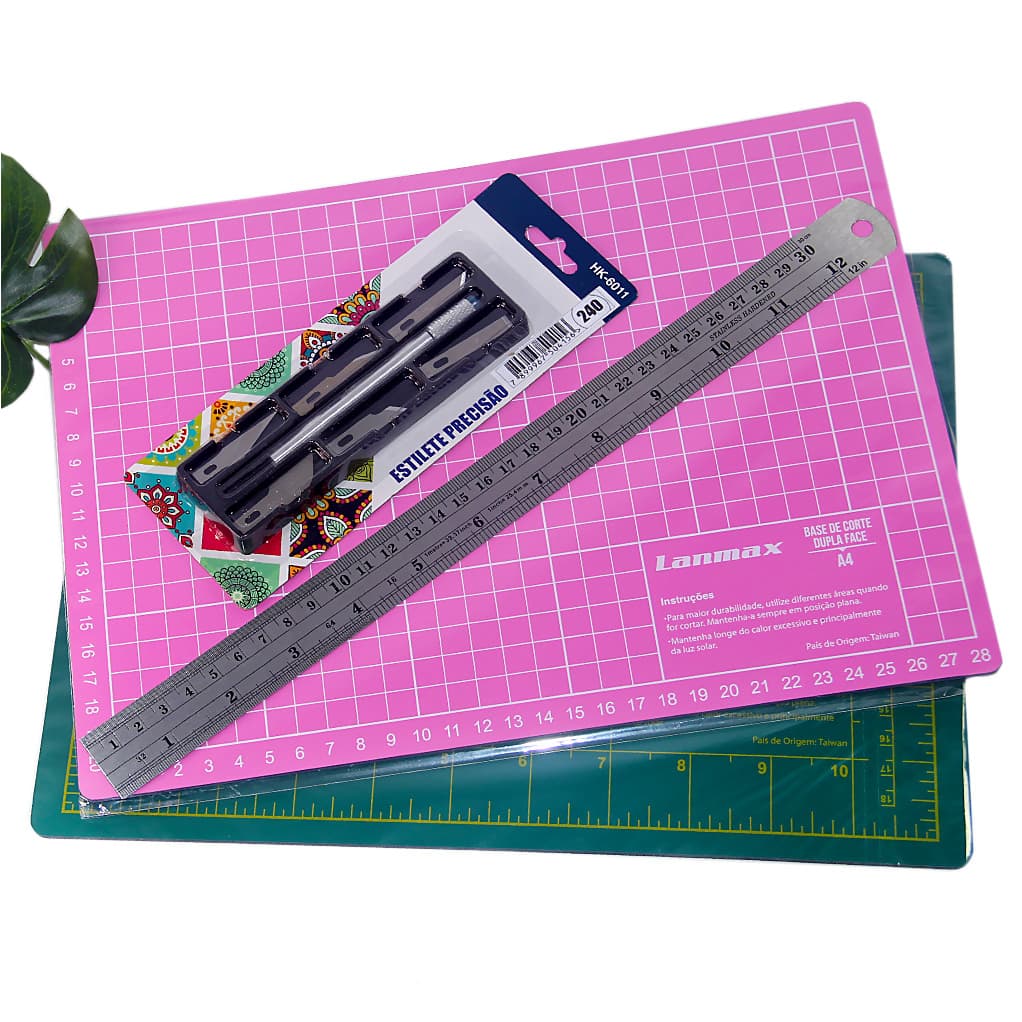 Base Corte A4 30x22 - Régua Aço 30CM - Bisturi Com 6 Lâminas Extras