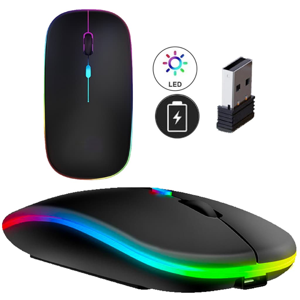 Mouse Sem Fio Recarregável Wireless Optico Led Rgb Ergonômico Silencioso Bateria Longa Duração