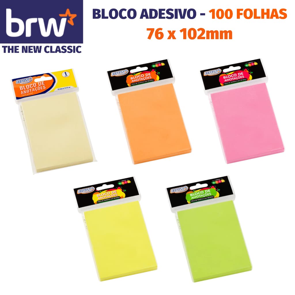 Bloco Notas Adesivas BRW para Recados ou Anotações 76x102mm - Tons Pastel e Neon