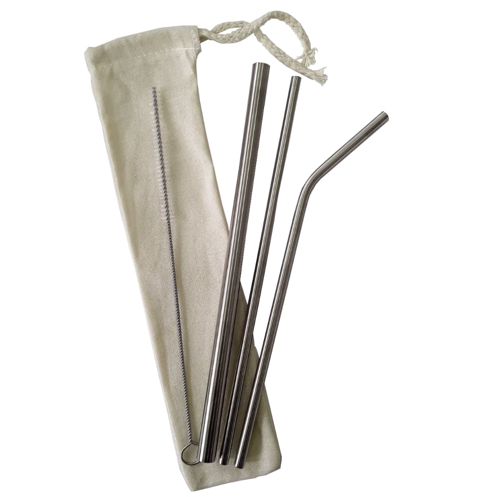 KIT de 5 pçs, sendo 2  canudos inox ecológicos + canudo  Milk shake +  Bag +  Escova de limpeza