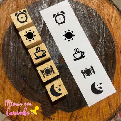 Kit carimbo horarios remedios sol almoço mini 1,5cm com 5 unid artesanal madeira embalagem