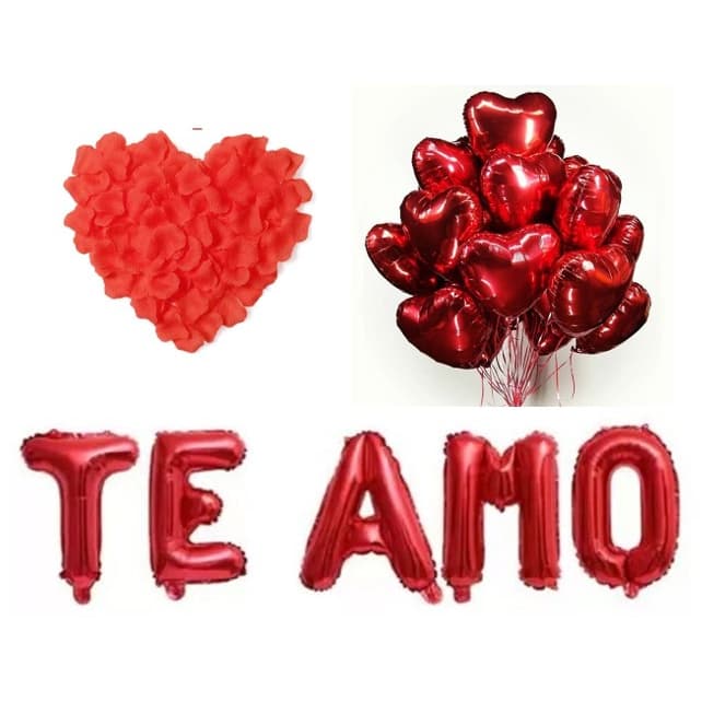 Kit Romântico 300 Pétalas Artificiais + 6 Balão Coração + TE AMO