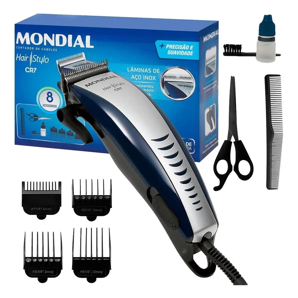 Máquina de Corta Cabelo Mondial Azul e Cinza Hair Stylo CR-07 220V ou 127V