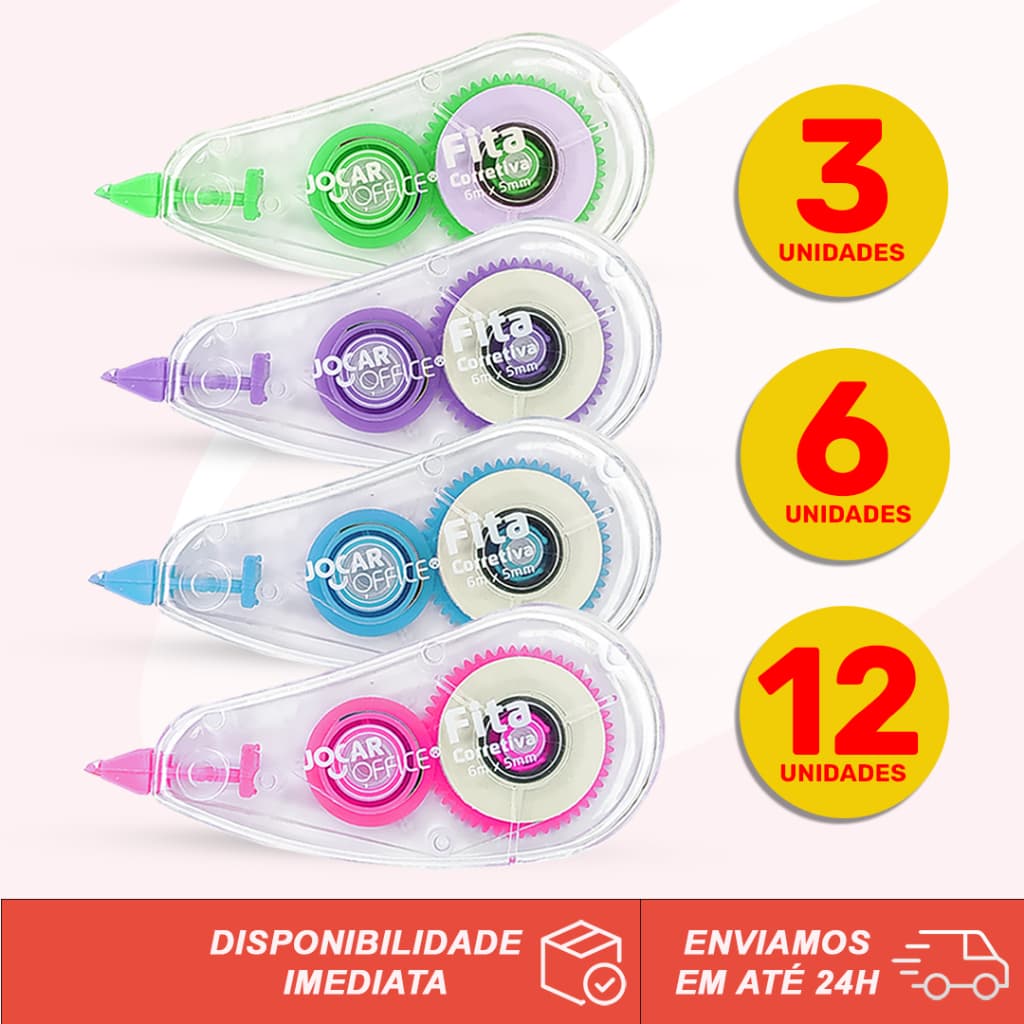 Fita Corretiva com 6 Metros Jocar Office Azul, Verde, Rosa e Lilás Kit com 3, 6 ou 12 correção instantânea, não borra