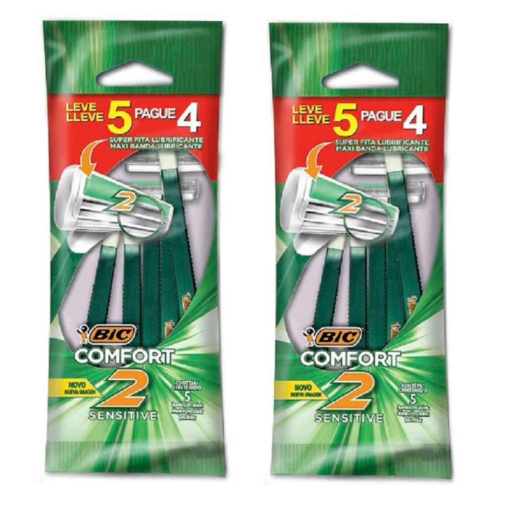 Kit 10 Un - Aparelho de Barbear BIC Comfort 2, Pele Sensível, Cabo Antideslizante.