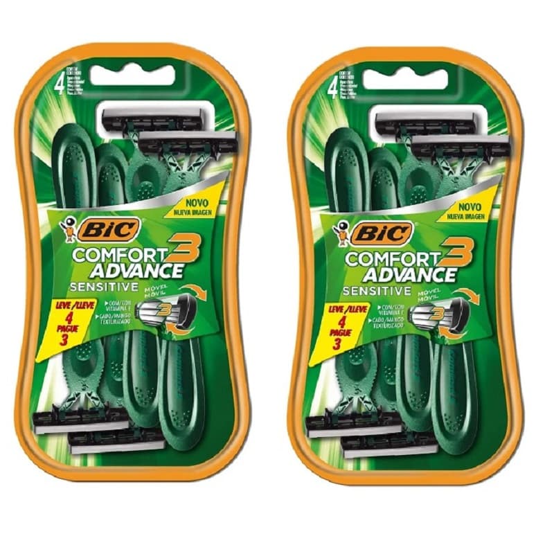 Kit 08 Un - Aparelho de Barbear BIC Comfort 3 Advance Sensitive, Pele Sensível, Fita Lubrificante, Verde, Barbeador