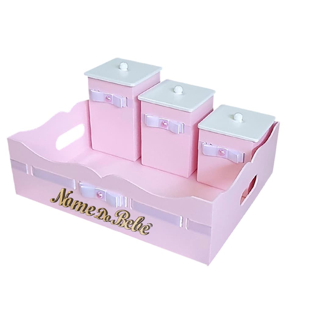 Kit Higiene bebê menina Cesta Com Trio de Potes Rosa