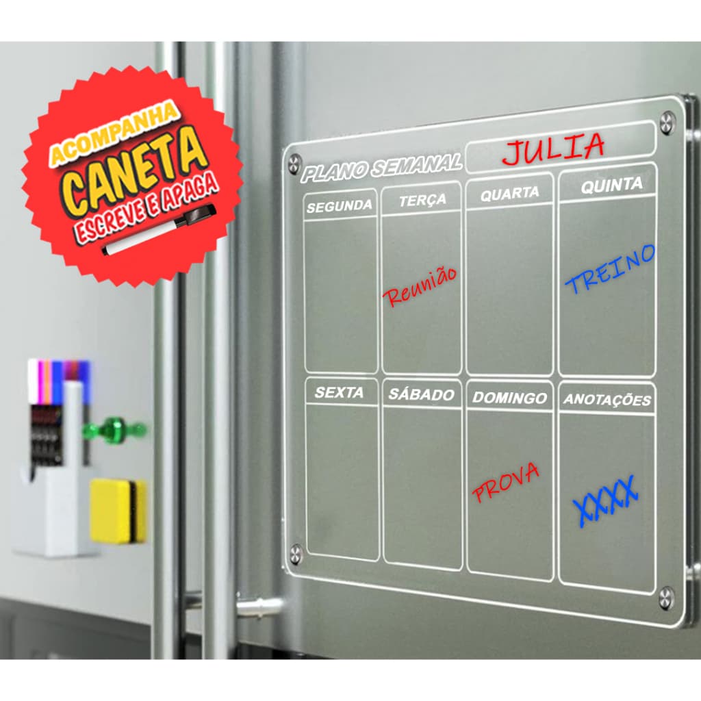 Lousa Quadro Semanal PLanner Magnético Imã De Acrilico Geladeira Com Caneta Apagador