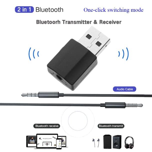 Receptor e Transmissor de Audio Bluetooth 2 Em 1 Bt 5.0 USB Para TV Carro PC