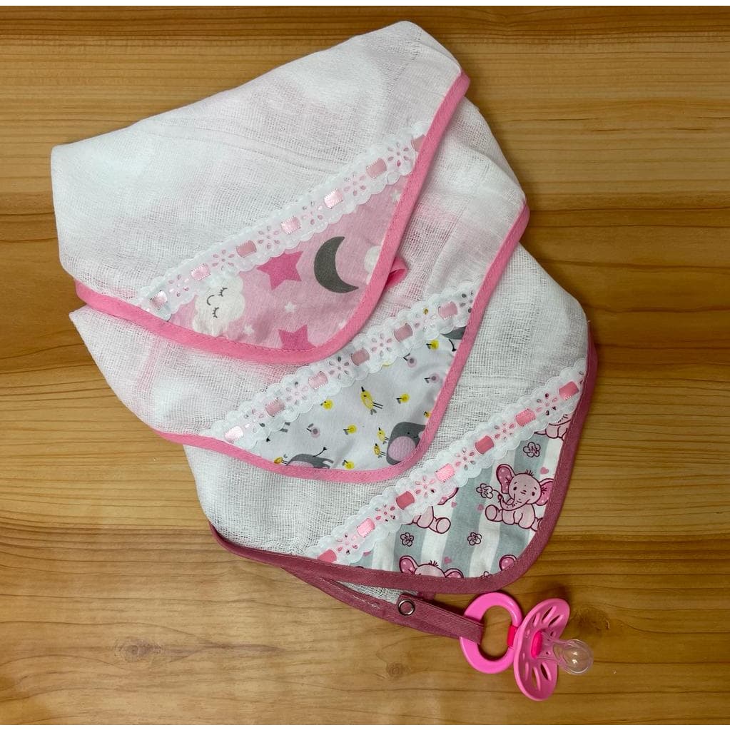 3 Fraldinhas Fralda Pano de Boca Porta Chupeta para Bebê Menina Rosa Diversas Cores