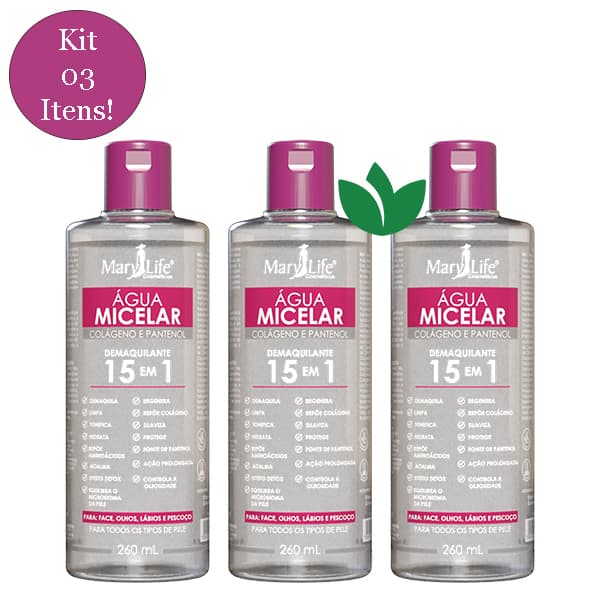 Kit 3 Unidades Água Micelar Colágeno e Pantenol 15 em 1 260mL Mary Life