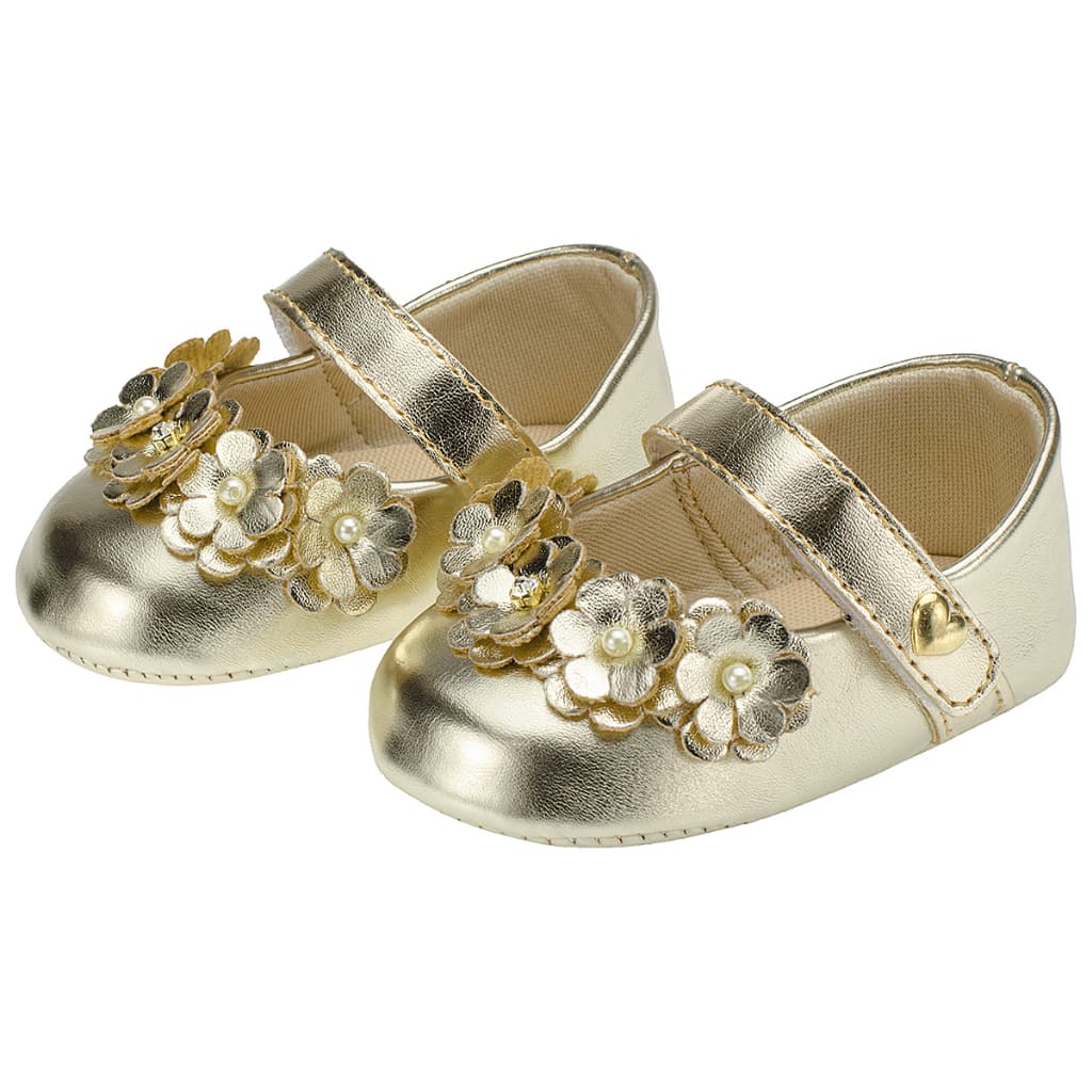 sapatinho de bebê menina festas batizado dourado com enfeite em flores macio e confortável