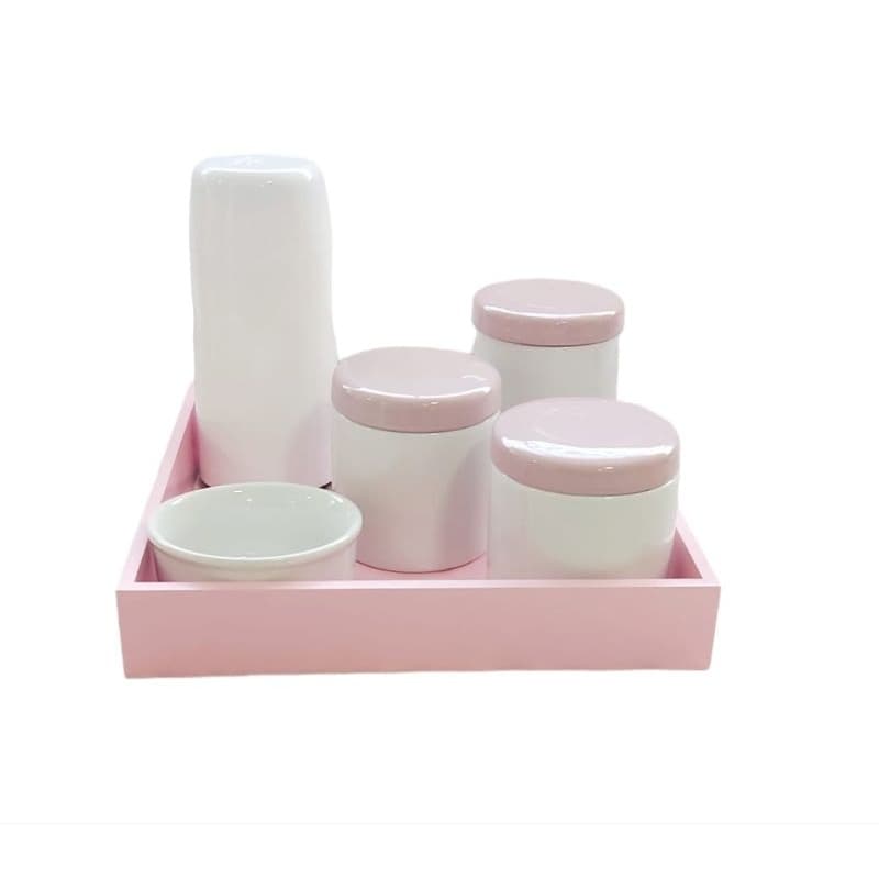Kit Higiene Bebê Porcelana Branco Gelo 6 Peças Tampa Rosa Bandeja Rosa MDF