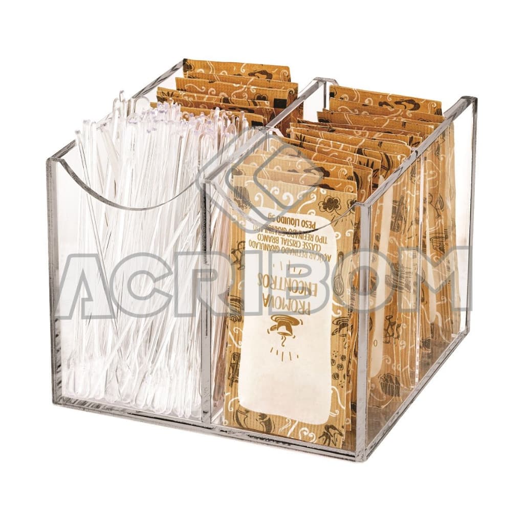 Porta Açúcar Organizador de Sachês Com 4 Compartimentos em Acrílico Cristal - Sem Tampa - Acribom