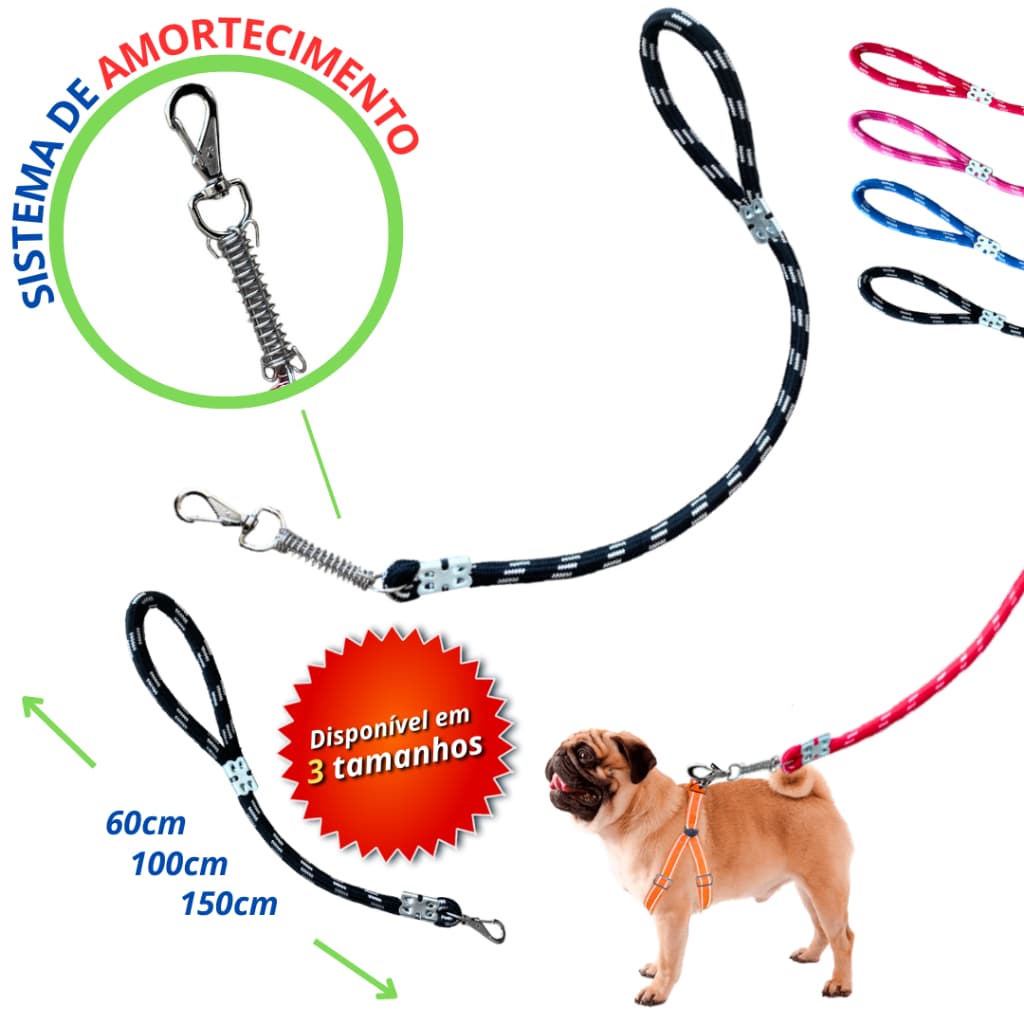 Guia coleira reforçada com mola amortecedor antipuxão para cachorro cães porte todos tamanhos anti impacto