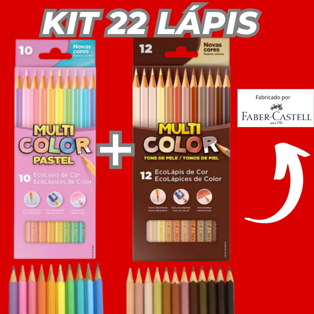 Kit 22 Lápis MULTICOLOR (FABER CASTELL)12 Cores Tom De Pele + 10 CORES Pastel