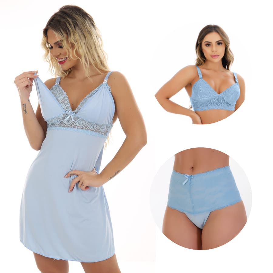 Kit Amamentação Camisola + Sutiã + Calcinha Rendada Pós Parto para Maternidade