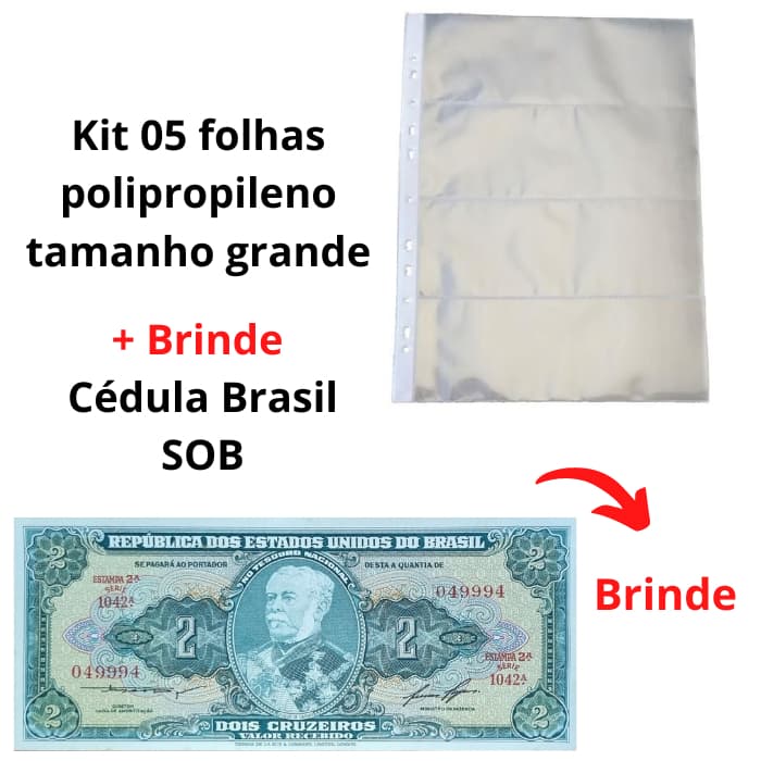 Kit 05 Folhas Grande Cédula POLIPROPILENO 4 Divisões + Céd. Brasil 2 Cruzeiros - 32x24cm - Pasta Fichário