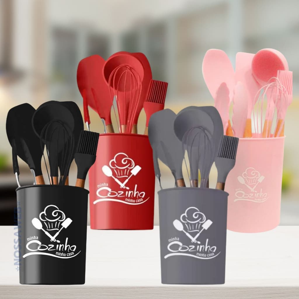 Jogo de Talheres Silicone Utensílios Cozinha Cabo Madeira 6 Peças + Balde
