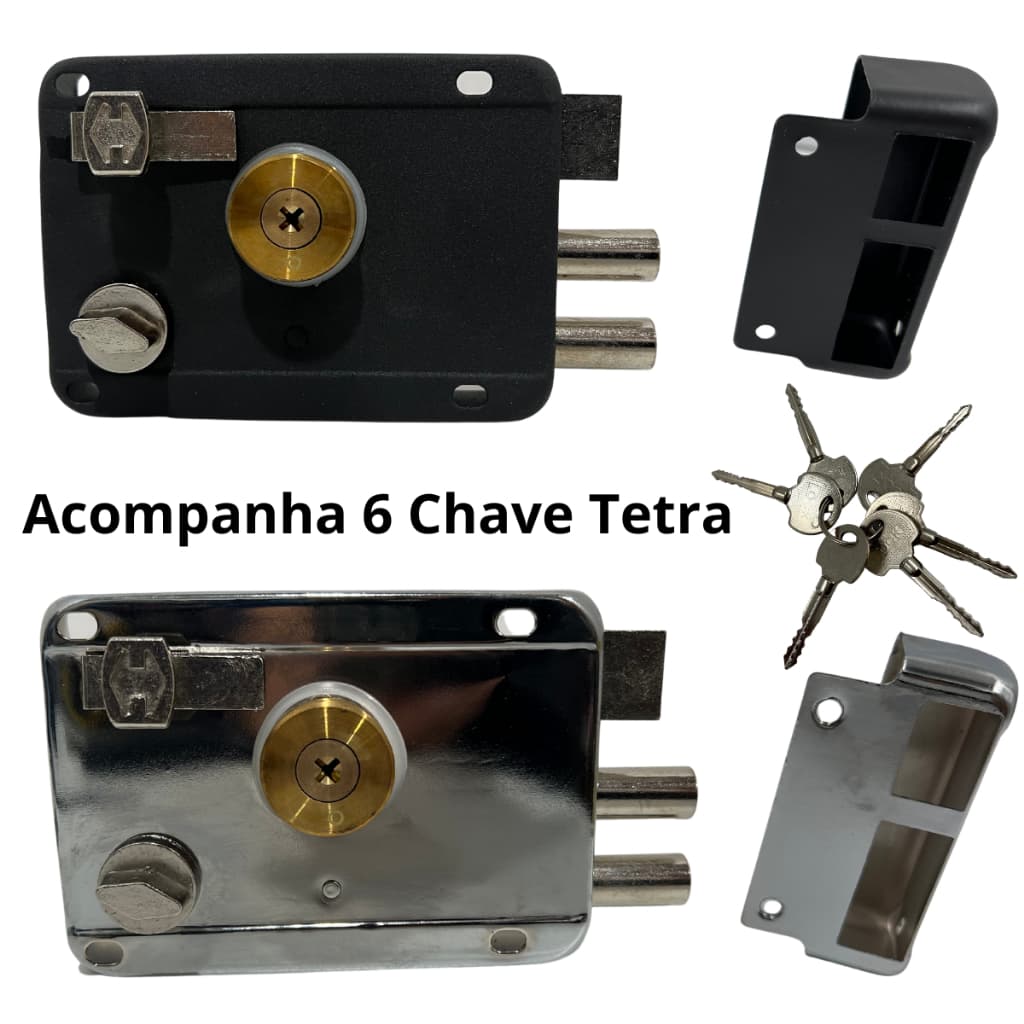 Fechadura Sobrepor Tetra para Portão e Porta Com TRAVA DUPLA e 06 CÓPIA DE CHAVES TETRA