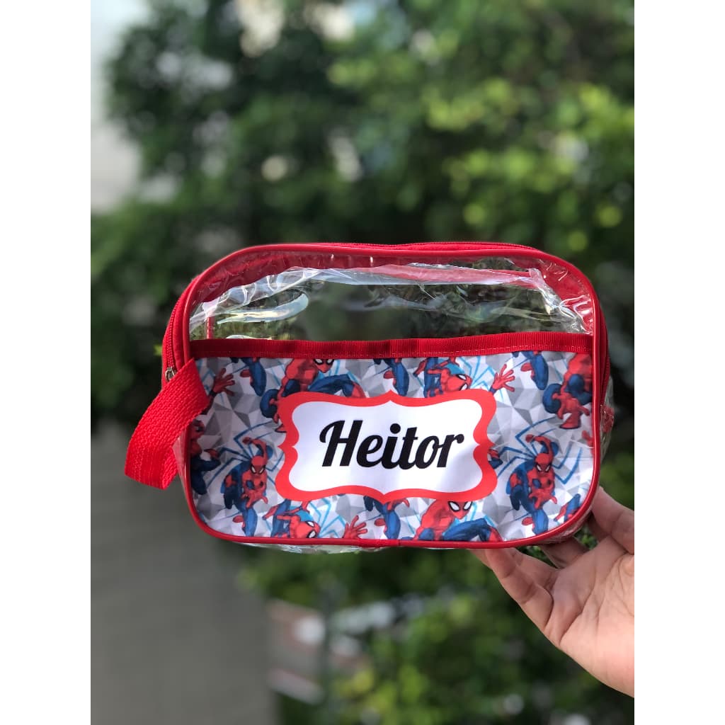 Necessaire Box Organizadora em Plástico Cristal Personalizada com Nome Estampa Homem Aranha