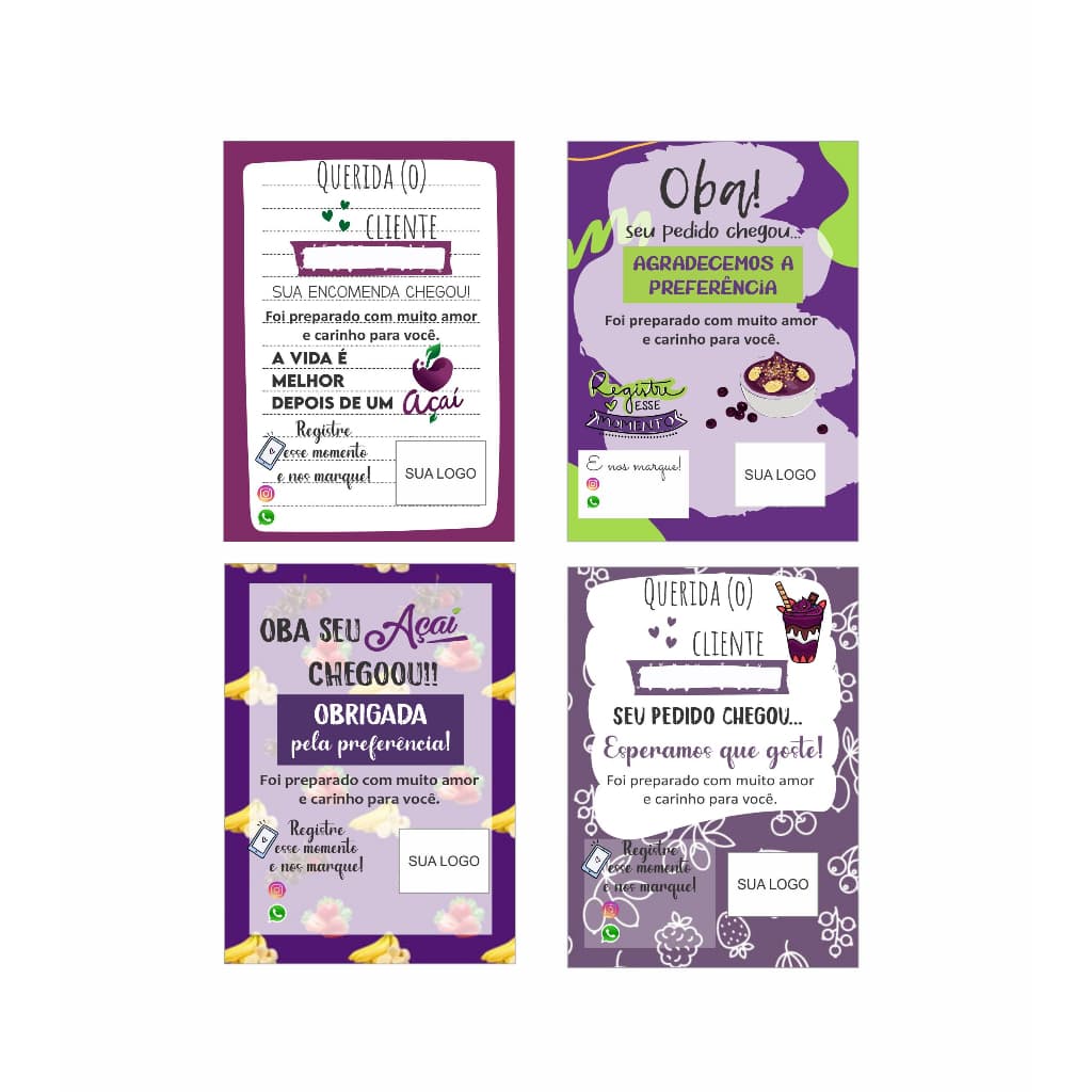 Cartão card de agradecimento ao cliente Delivery açaí (50 un)