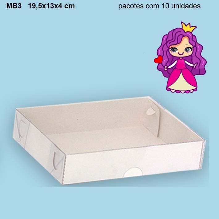 Embalagem MB3 com Tampa em PVC Crystal virgem e Fundo em papel Branco | Colorida -19,5x13x04cm - Pacote com 10 unidades