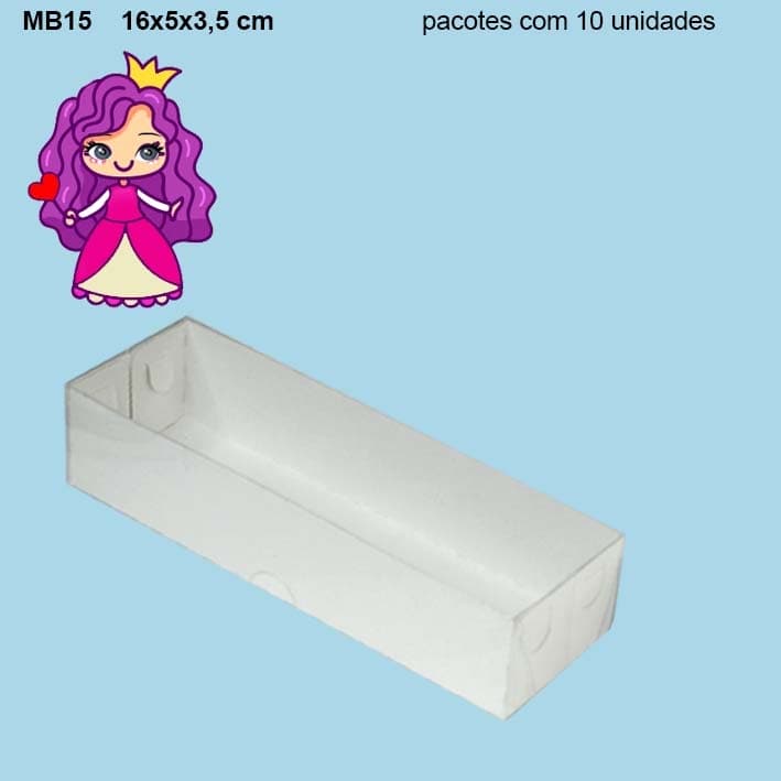 Embalagem MB15 com Tampa em PVC Crystal virgem e Fundo em papel Branco -16x5x3,5cm - Pacote com 10 unidades