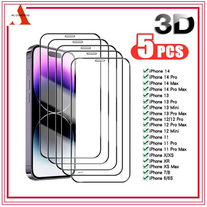 Kit 5 Película De Vidro Temperado 3D 9H Para iPhone 6/7/8 Plus Xs Xr 11 Pro Max 12 13 14 Pro Max