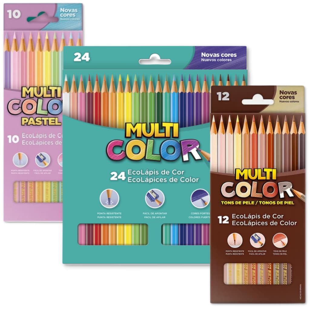 Lápis de cor Multicolor kit 24 cores + 12 tons de pele + 10 tons pastel