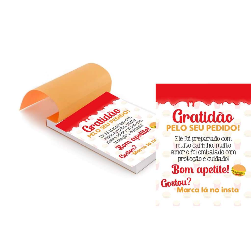 Kit 5 Blocos (500 Folhas) para Agradecimento / Obrigado pela Compra Hamburgueria- Lanchonete