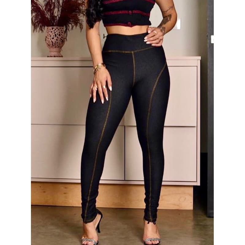 Calça Feminina Legging Montaria Jeans fake em Cotton Cintura alta