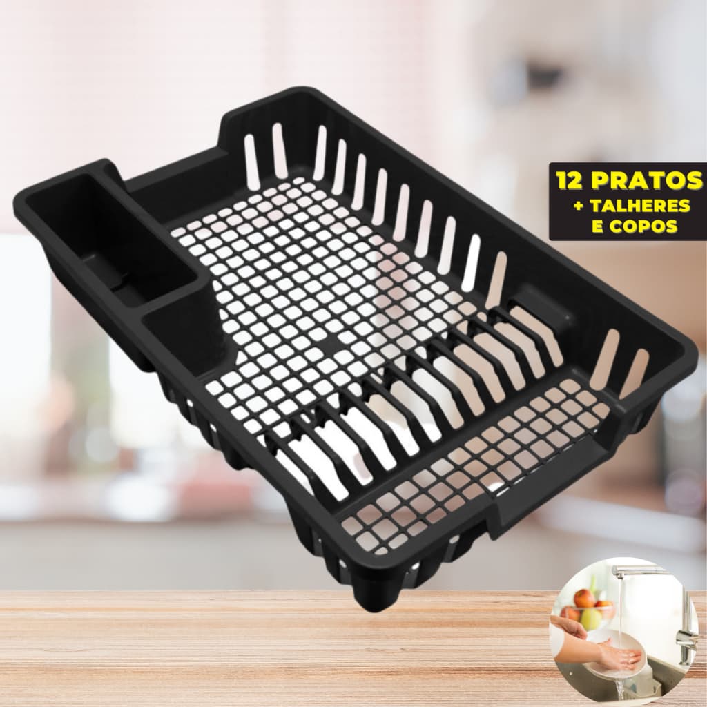 Escorredor de Louças 12 Pratos Cozinha Plástico Preto Escorredor Louça Copos Talheres