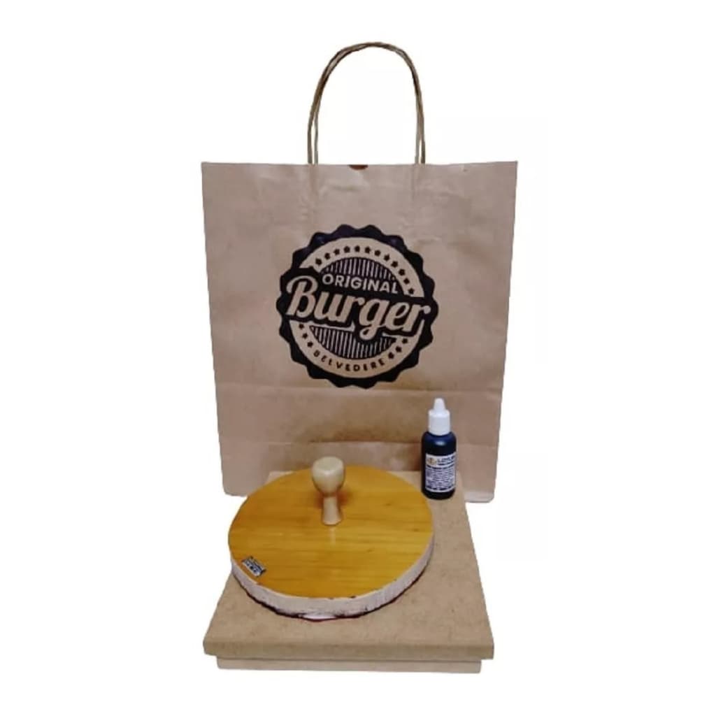 Kit 2 Carimbos Personalizados 1un 15x15cm + 1un 5x5cm + Carimbeira + tinta - Ideal para embalagens sacolas kraft