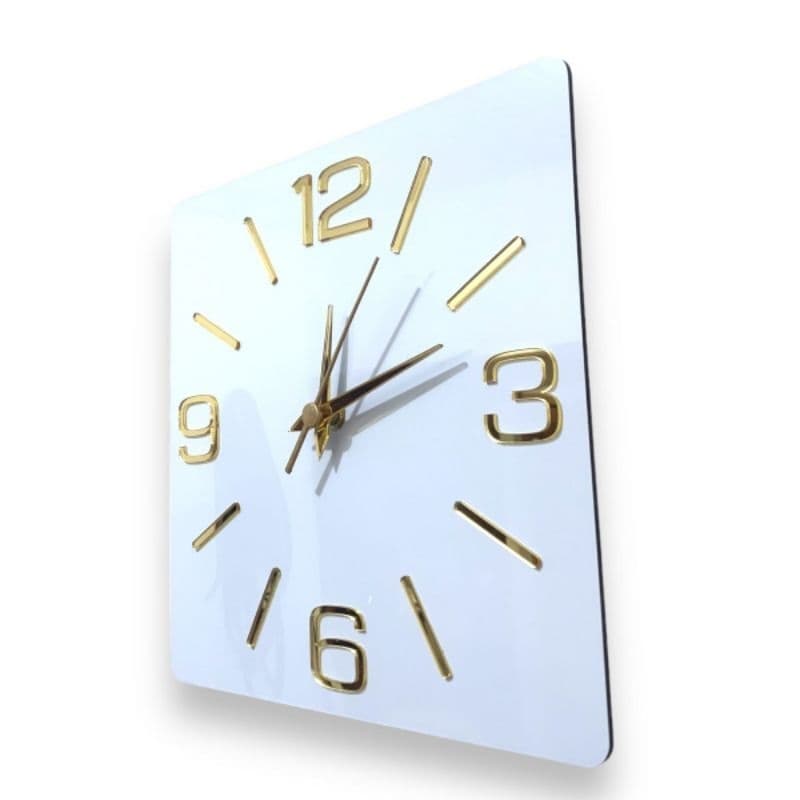 020 RELÓGIO DE PAREDE BRANCO DOURADO QUADRADO