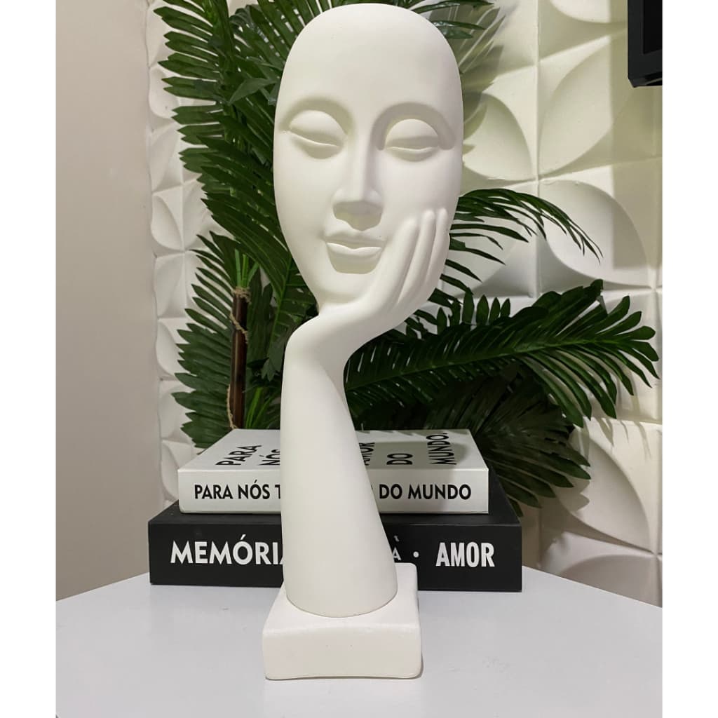Estátua Decoração Lisa Mão Na Face Enfeite Decorativo Gesso -  Tam 39cm
