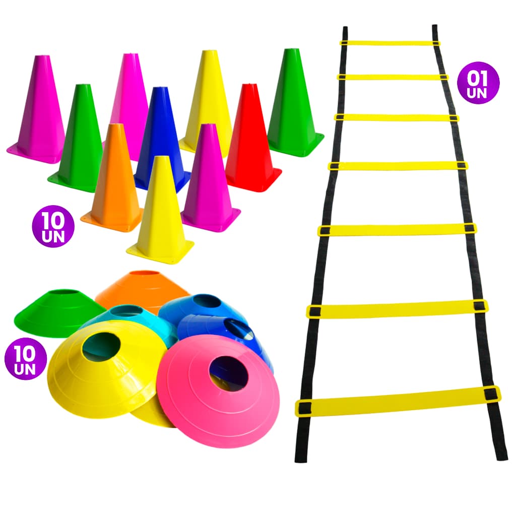 10 Cones de treino 10 Chapéus chinês e 01 Escada Agilidade Kit Funcional Completo com 21 itens