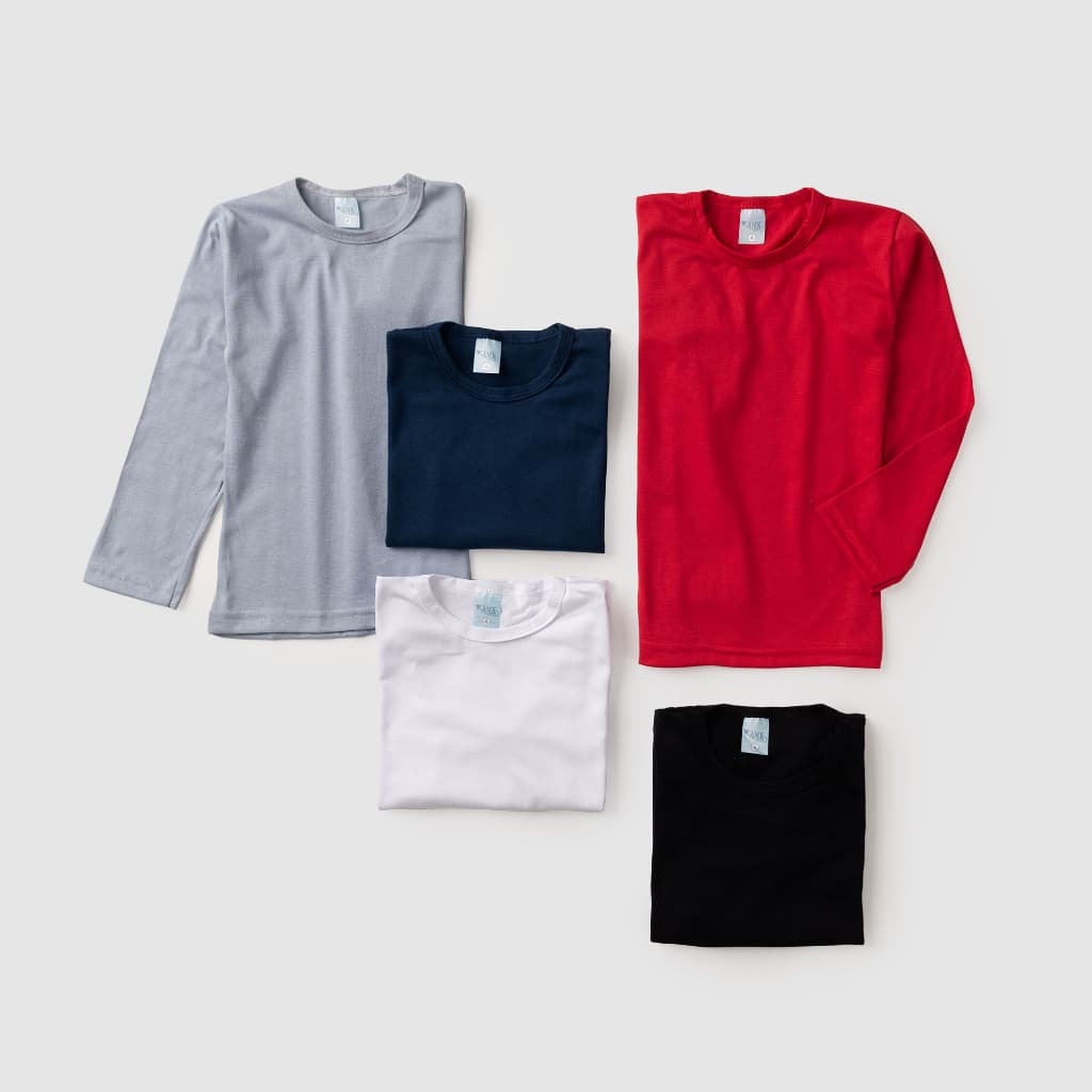 Kit 5 Camisetas Manga Longa Básicas Algodão Infantil Unissex Menino e Menina Roupa De Criança l65