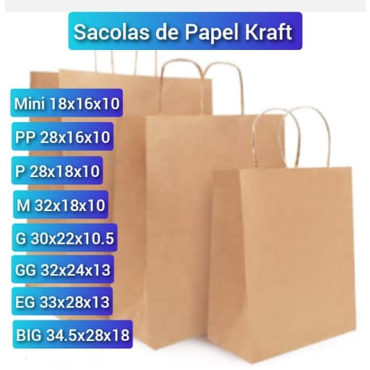 Sacolas de papel kraft Biodegradável, kit com 25 unidades ESCOLHA O TAMANHO