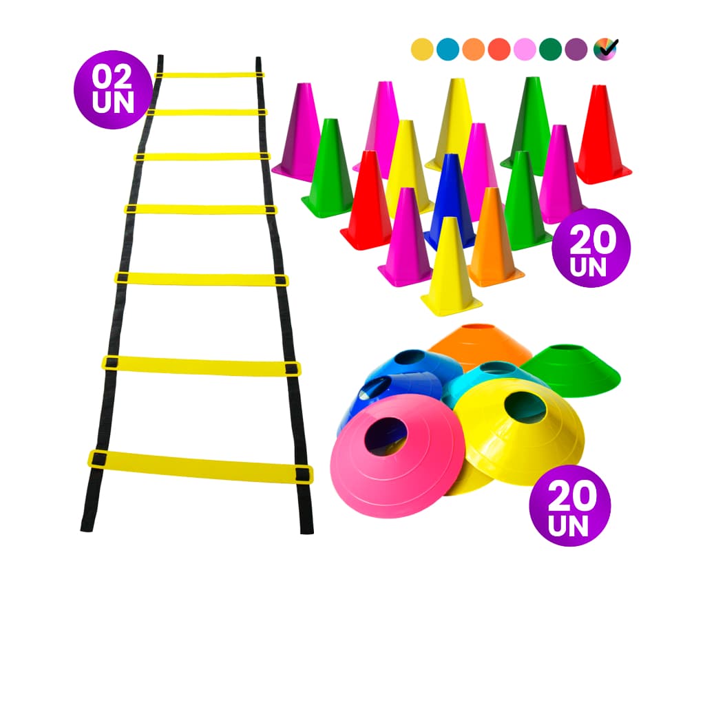 Kit Funcional 42 Itens Treinamento  Funcional Agilidade Com 02 Escadas de Agilidade  20 Chapéus Chinês e 20 Cones