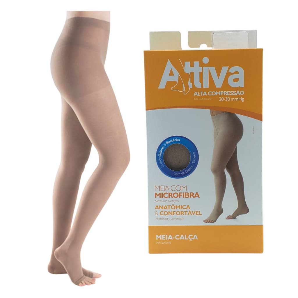 Meia Calça Elástica Varizes Alta Compressão Attiva 20-30mmHg Cor Natural Sem ponteira Pós Resistente Confortável