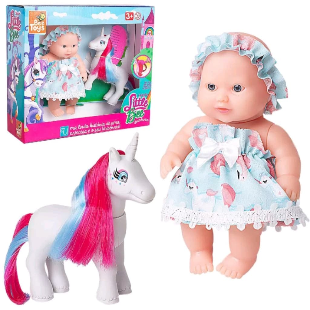 Brinquedo Boneca Pequena Little Bee e Unicórnio Colorido 14cm - Bee Toys