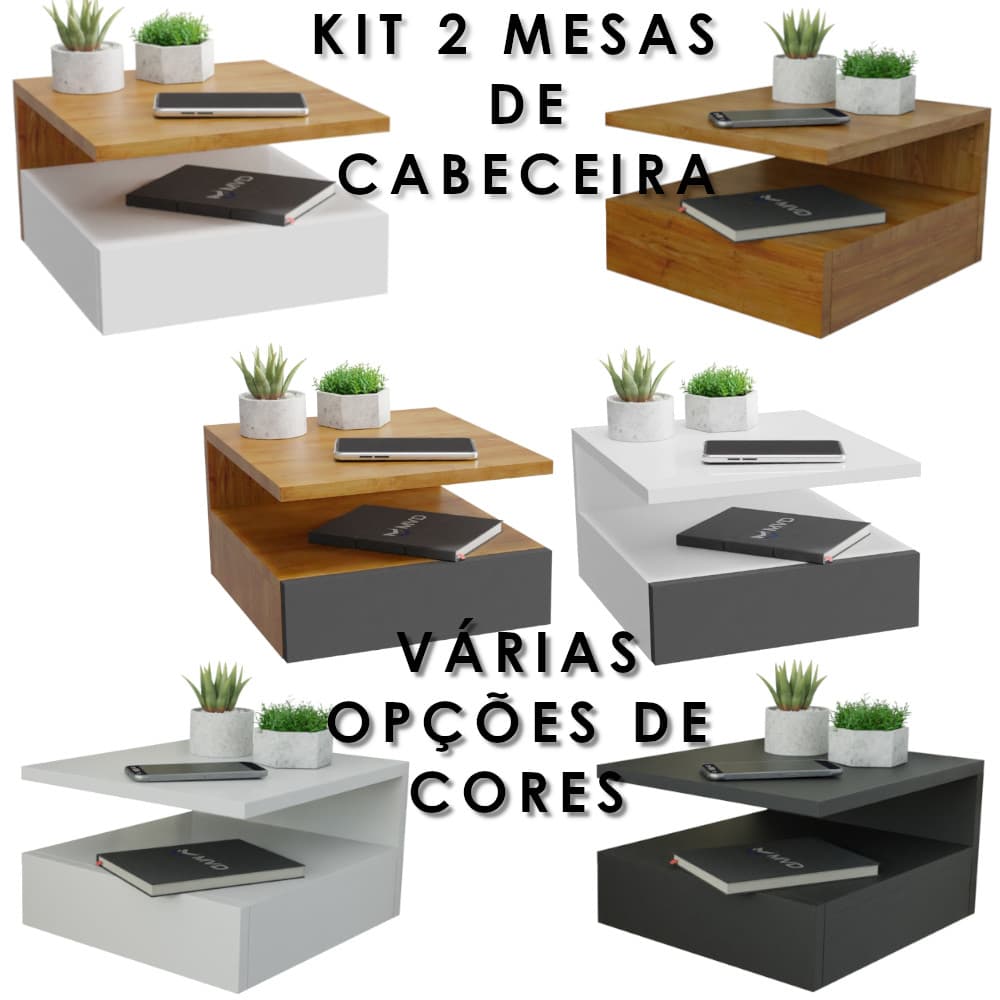 KIT 2 Mesa de Cabeceira Suspensa com Gaveta e Prateleira Várias Cores Mesinha Suspenso