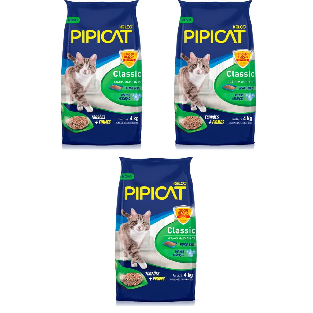 kit 3 Areia Higiênica Pipicat Classic Grãos Mais Finos 4kg