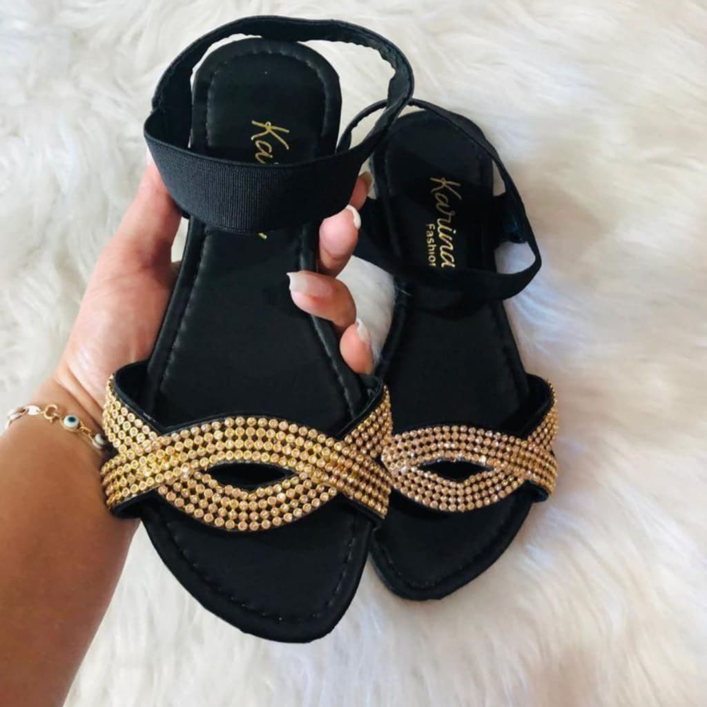 Sandália Feminina Rasteirinha Rasteira Feminina Confortável Brilho Elástico Calcanhar Dia a Dia