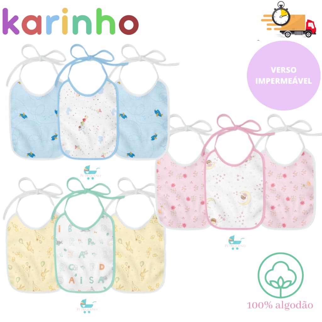 Kit 3 Unidades Babador Impermeável Algodão Karinho Enxoval Bebê Infantil Alimentação enxoval de bebe