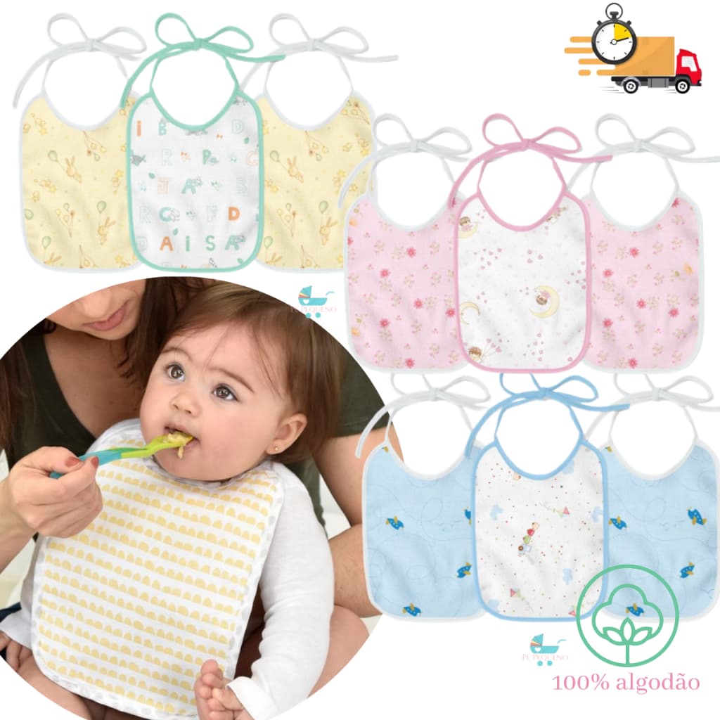 Kit 3 Babador Flanelado Plastificado alimentacao bebe 21cm X 19cm - enxoval de bebe