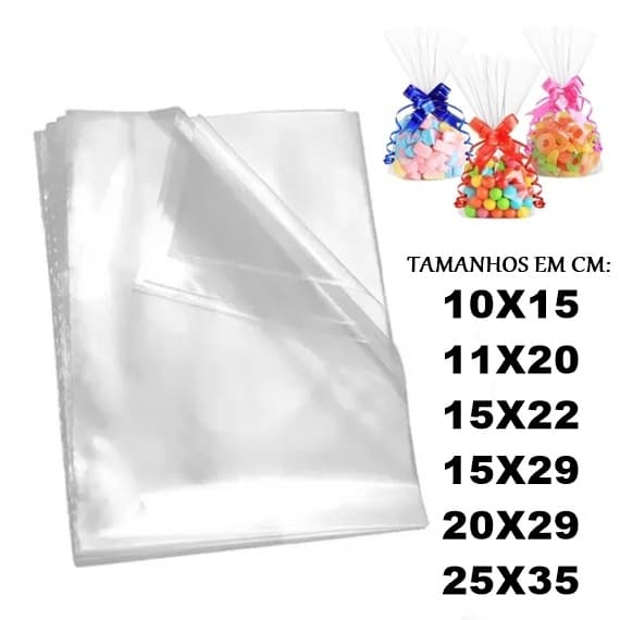Saco Transparente Celofane Incolor com 50 Unidades para presentes e lembrancinhas